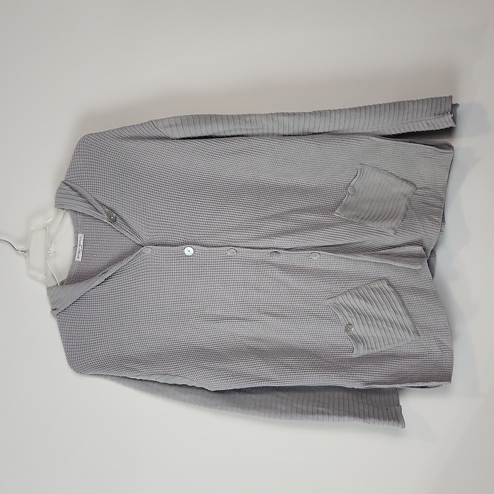 MARGARET WINTERS Gray Cotton Lagonlook Ribbed Thermal Hoodie Cardigan